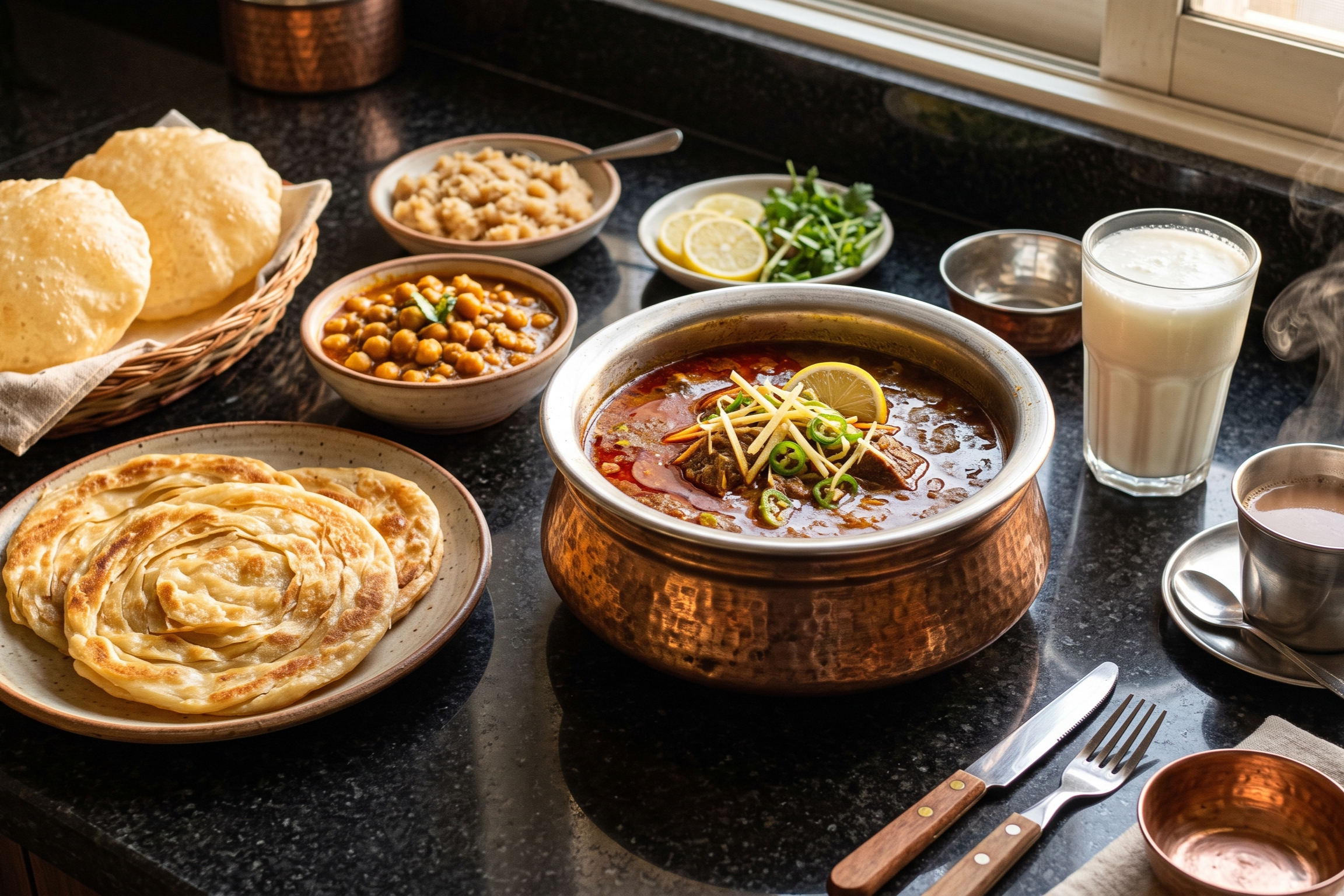 Special Beef Nihari, Paye, and Halwa Puri breakfast platter